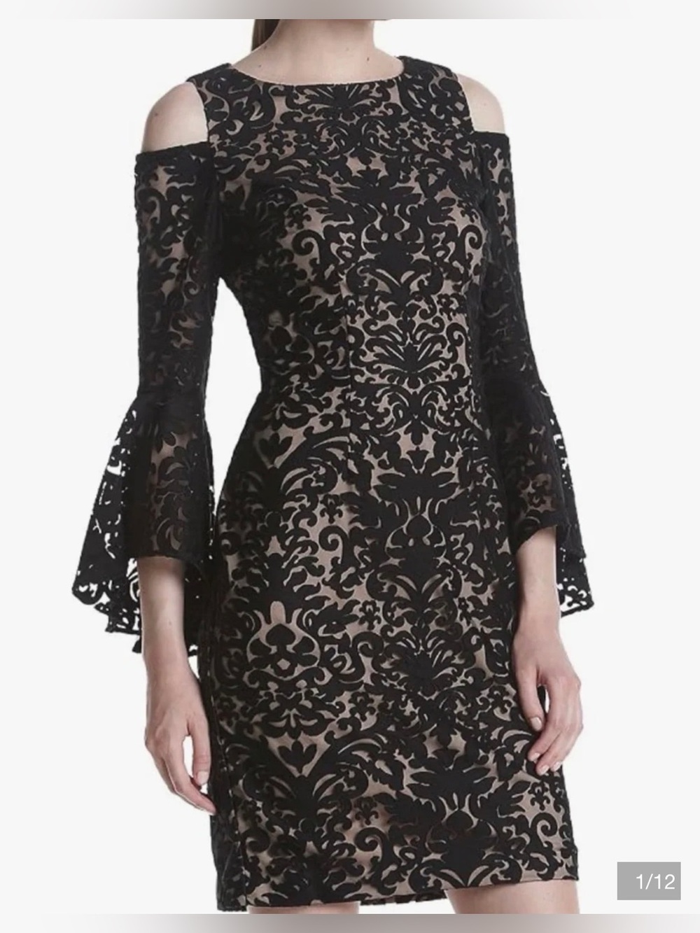 Xscape Lace Cold Shoulder Bell Sleeve Dress